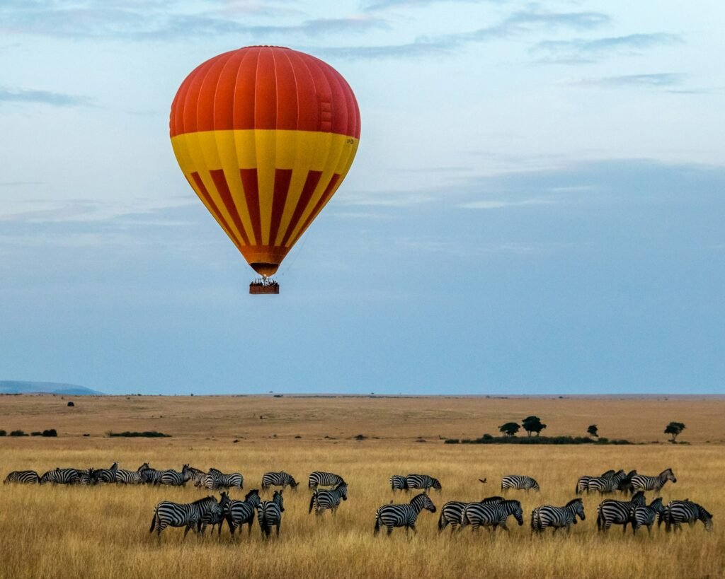 Red and yellow hot air balloon hovering over a field of Zebras