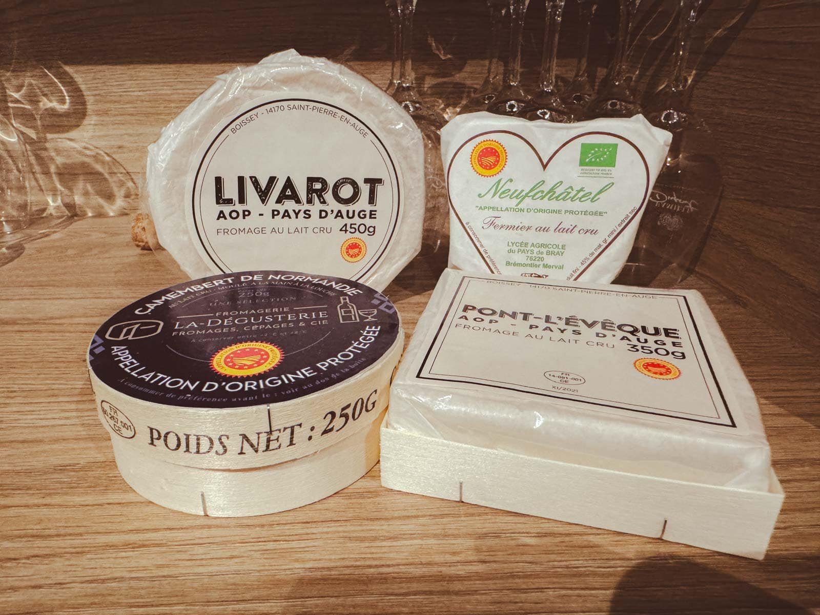 Display of French cheeses that we tried in Normandy.