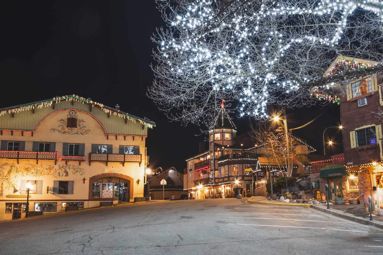 Christmas lights at night in Leavenworth Washington.