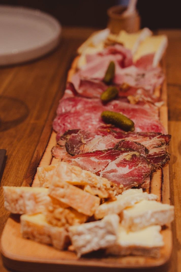 Our charcuterie platter with pâté, rillettes, and saucisson that we enjoyed with wine