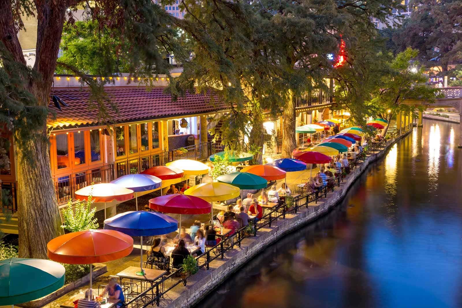 The lively and colourful San Antonio River walk at night in San, Antonio, Texas